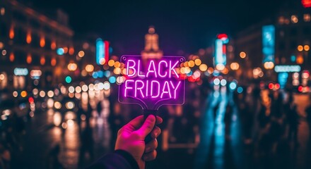 Black Friday shopping season concept. Neon sign promotion sale event in city at night. Commerce advertising, retail promotions, holiday marketing, and seasonal sales campaigns.