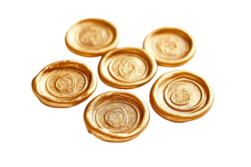 Collection of twelve golden wax seals isolated on transparent background. Set of gold wax seals isolated on white background.