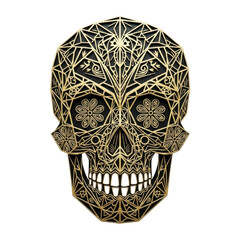 Intricate black and gold geometric skull art, isolated on transparent background