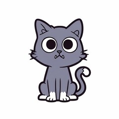 Obraz premium Cute cartoon illustration of a wide-eyed gray cat with white paws sitting against white background for playful design projects