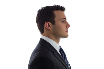 Profile of a mature businessman in a suit isolated on transparent background. Side profile of a man wearing a suit and tie isolated on white background.