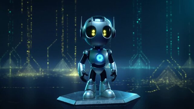 Small, cute, stylized robot with glowing yellow eyes standing on a hexagonal platform futuristic technology.