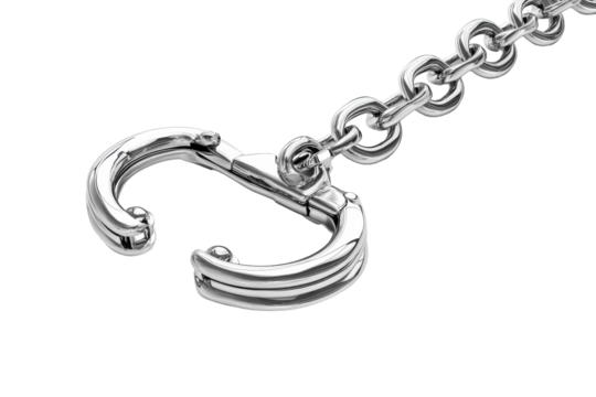 Silver handcuffs isolated on transparent background. Silver handcuffs connected by a short chain isolated on white background, 3D rendering.