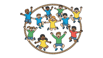 Naklejka premium Joyful Circle of Unity: A vibrant group of children, hands raised in cheerful celebration, forms a joyful circle, symbolizing unity, happiness, and the carefree spirit of childhood. 