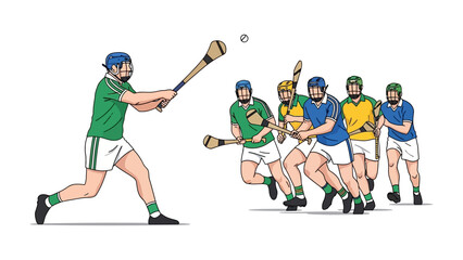 Dynamic Hurling Action: A captivating illustration captures the essence of Hurling, with a player expertly striking the ball, while the opposing team of players strategically endeavors to block him.
