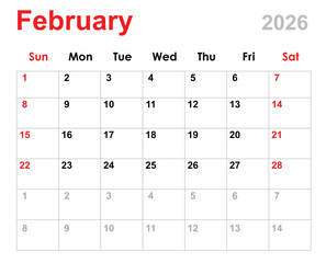 February 2026 calendar. Monthly calendar layout for February 2026. February month calendar isolated on white.
