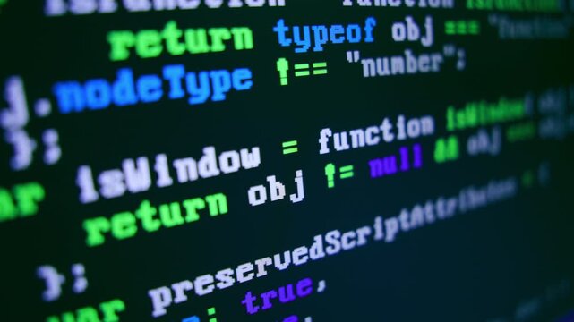 Close up of computer monitor screen with programming code, hacker background, software development, cyber security, coding technologies and digital innovation concept