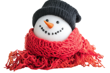 Cute snowman with black hat and red scarf isolated on transparent background. Snowman with black hat and red scarf isolated on white background.