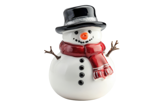 Cute snowman with black hat and red scarf isolated on transparent background. Snowman with black hat and red scarf isolated on white background. - Powered by Adobe