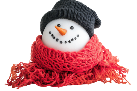 Cute snowman with black hat and red scarf isolated on transparent background. Snowman with black hat and red scarf isolated on white background.