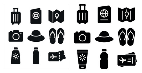 Naklejka na ściany i meble Travel and tourism silhouette icons set – solid, filled, vacation symbols Naklejka na ściany i meble Travel and tourism silhouette icons set – solid, filled, vacation symbols