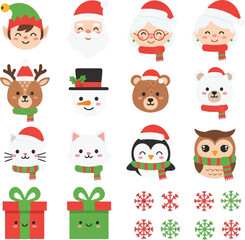 Obraz premium A set of cute cartoon Christmas character faces/avatars and related icons. Featuring an elf, Santa, Mrs. Claus (two styles), reindeer, snowman, bear, polar bear, cat, penguin, and owl, all in festive 