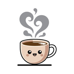 Minimal flat vector of a hot coffee cup Vector art of cute cartoon coffee cup with a happy face and steam rising in the shape of a heart