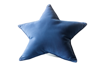 Blue plush star shaped pillow isolated on transparent background. Star decorative pillow isolated on white background.