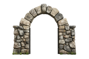 Stone archway entrance structure isolated on transparent background. Stone arch gate isolated on white background.