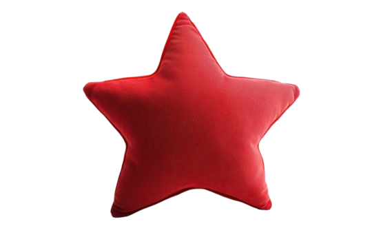 Textured red star pillow isolated on transparent background. Star decorative pillow isolated on white background.