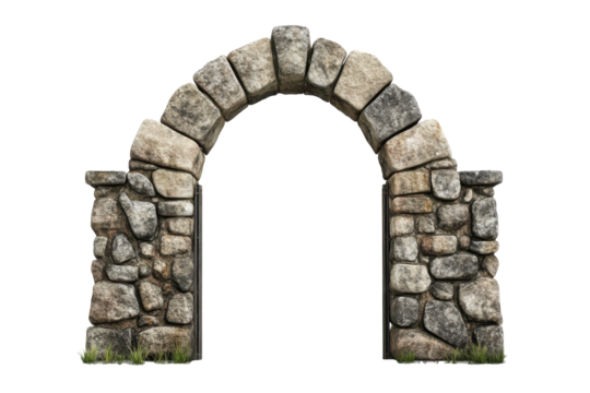 Stone archway entrance structure isolated on transparent background. Stone arch gate isolated on white background.