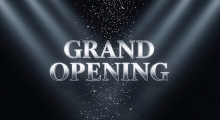 Grand opening silver text effect on black background with glitters. Ideal for business promotions, marketing, event announcement, product launch and shop opening.