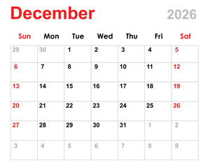 December 2026 calendar. Monthly calendar layout for December 2026. December month calendar isolated on white background.