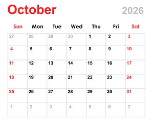 October 2026 calendar. October calendar layout for 2026. October month calendar isolated on white background.