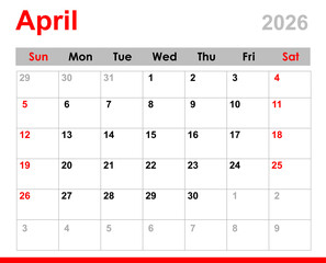 calendar layout for April 2026. April 2026 calendar.  April calendar for 2026 isolated on transparent background. 