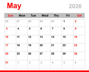 calendar layout for May 2026. May 2026 calendar.  May calendar for 2026 isolated on transparent background. 