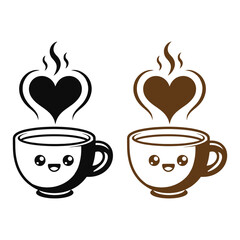 Minimal flat vector of a hot coffee cup Vector art of cute cartoon coffee cups with steam forming a heart, one black and white and one brown