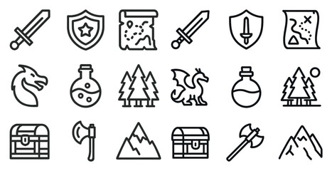 Obraz premium Adventure line icons set – outline, fantasy and role-playing symbols