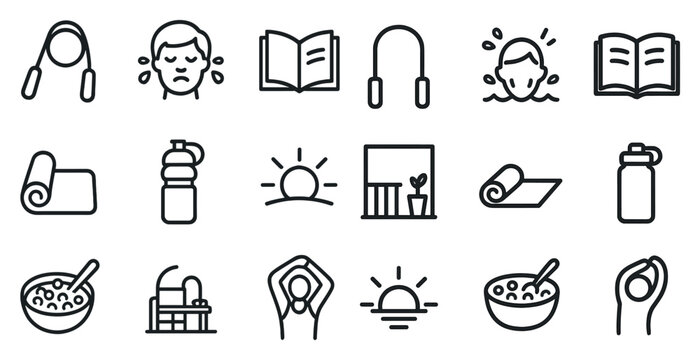 Fitness and wellness icons set – line, outline, health and exercise symbols