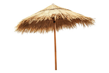 Tropical thatched umbrella isolated on transparent background. Straw beach umbrella isolated on white background.