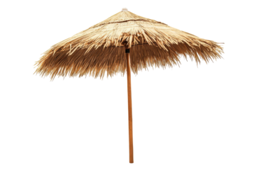 Tropical thatched umbrella isolated on transparent background. Straw beach umbrella isolated on white background.