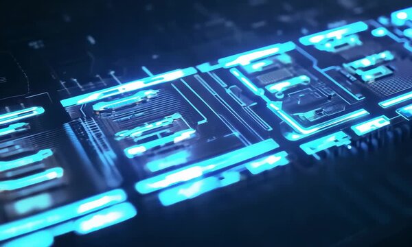 This video features a close-up view of a glowing blue circuit board with illuminated electronic components, symbolizing advanced technology, innovation, digital progress, and the future of high-tech c