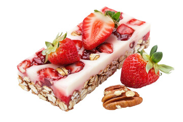 Strawberry granola bar with fresh strawberries and pecans isolated on transparent background. Strawberry oat and nut bar isolated on white background.