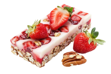 Strawberry granola bar with fresh strawberries and pecans isolated on transparent background. Strawberry oat and nut bar isolated on white background.