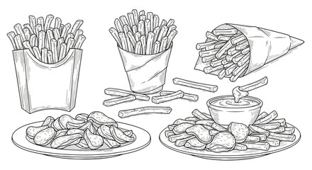 Hand-drawn collection of potato snacks including french fries and chips with dipping sauce in a vintage sketch style