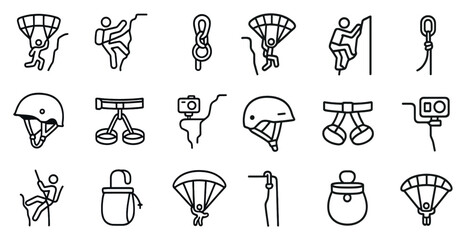 Rock climbing linear icons set – outline, silhouette, adventure and outdoor symbols