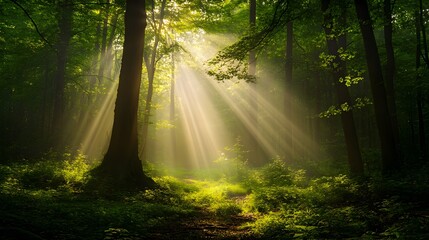Fototapeta premium Sunlight Rays in Lush Green Forest Path sun rays trees