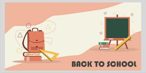 Flat vector banner for “Back to School” season featuring backpack, chalkboard, books, and rulers. Perfect for educational promotions and new academic year themes.