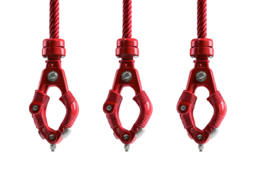 Red mechanical claws isolated on transparent background. Claw machine grabbers hanging on coiled red cables isolated on white background.