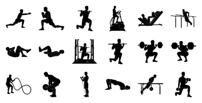 Men exercising with weights and equipment fitness exercise