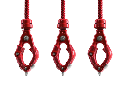 Red mechanical claws isolated on transparent background. Claw machine grabbers hanging on coiled red cables isolated on white background.