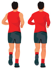 Two isolated vector figures of a man from behind, jogging in summer and winter sportswear
