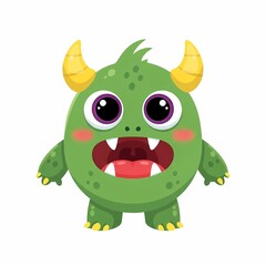 Fototapeta premium Cute Green Monster Cartoon Character with Big Eyes and Horns Vector Illustration