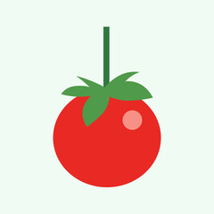 Flat Red Tomato Vector with Green Stem and Leaf