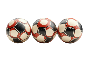 Colorful mosaic soccer balls isolated on transparent background. Soccer balls are aligned in a row displayed against isolated on white background, 3D Rendering.