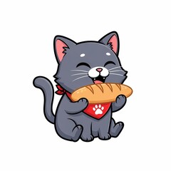 Obraz premium Cute Cartoon Gray Cat Wearing Red Bandana Holding and Eating a Delicious Baguette Bread