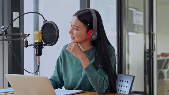 Podcast recording session modern office digital content creation bright environment close-up view engaging conversation