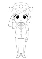 女性駅員のかわいい白黒イラスト