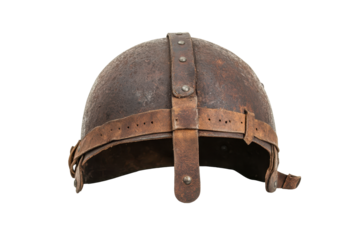 Ancient rusty medieval helmet isolated on transparent background. Viking helmet isolated on white background.