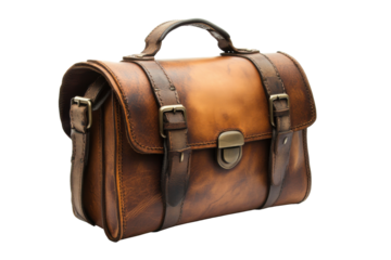Vintage leather satchel bag isolated on transparent background. Vintage brown leather briefcase isolated on white background.